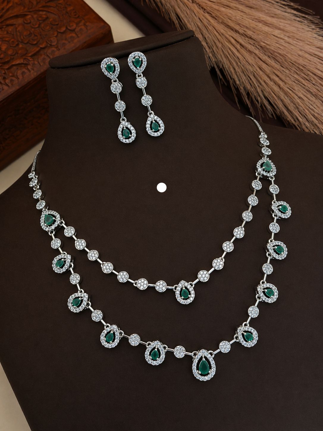 Emerald Royale Teardrop Diamond Necklace Set – Dual Layer Luxury by KRISHAURA