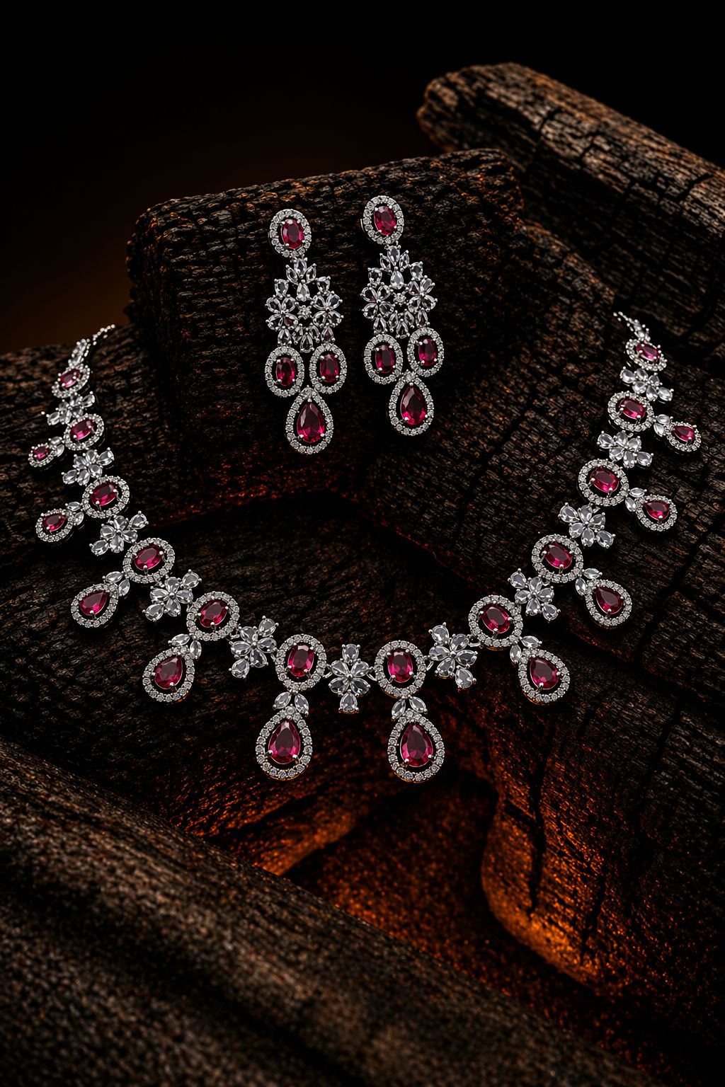 Blush Royale Floral Diamond Necklace Set – Pink Crystal Bridal Elegance by KRISHAURA
