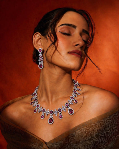 Blush Royale Floral Diamond Necklace Set – Pink Crystal Bridal Elegance by KRISHAURA
